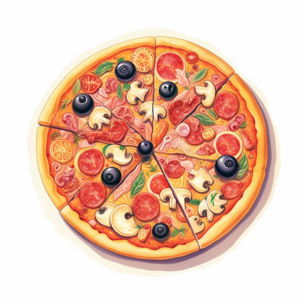 Pizza with ham olives and mushrooms white background