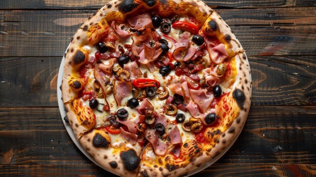 Foto pizza con peperoncino di prosciutto e olive