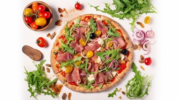 Photo pizza with ham rucola and vegetables
