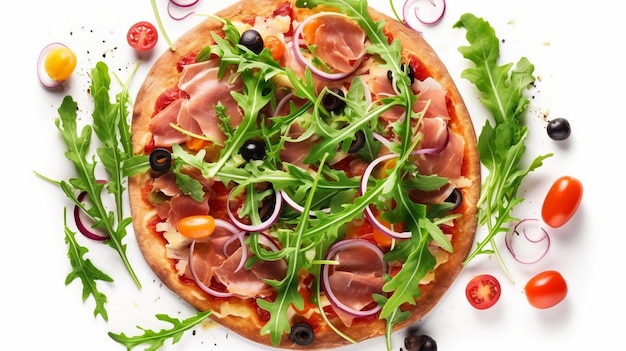 Photo pizza with ham rucola and vegetables