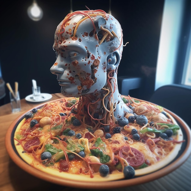 A pizza with a head on it and a pizza on the side Junk food 3d illustration