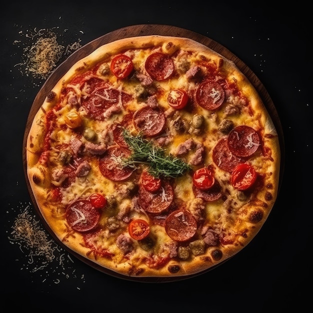 A pizza with meat and cheese on it and a sprig of parsley on the top.