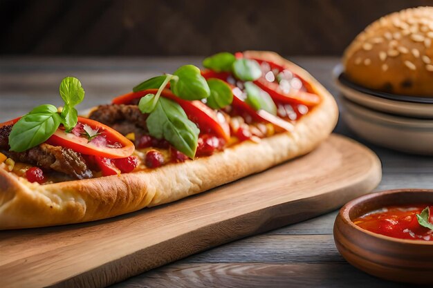 A pizza with meat, cheese, and vegetables on a wooden table