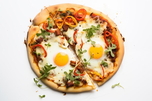 Pizza with meat eggs pepper and arugula on the white background flat lay