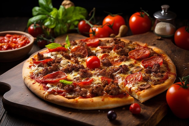 고기 조각과 토마토로 된 피자