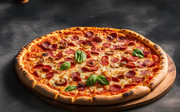 Foto una pizza con carne e verdure su un tavolo di legno