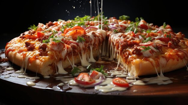写真 混ざった背景のテーブルの上に肉と野菜で覆われた溶けたチーズのピザ