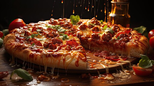 Photo pizza with melted cheese topped with meat and vegetables on the table with a blurred background