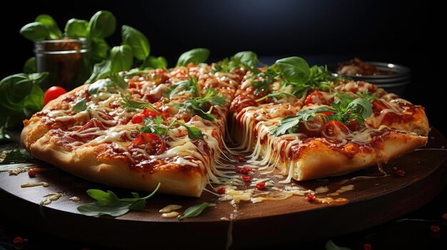 pizza with melted cheese topped with meat and vegetables on the table with a blurred background