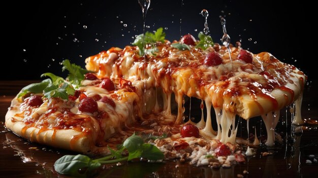 混ざった背景のテーブルの上に肉と野菜で覆われた溶けたチーズのピザ