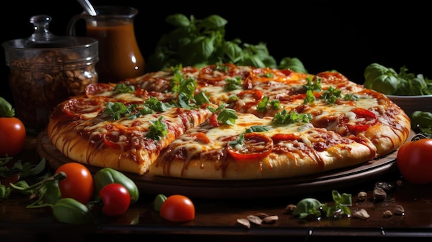 pizza with melted cheese topped with meat and vegetables on the table with a blurred background