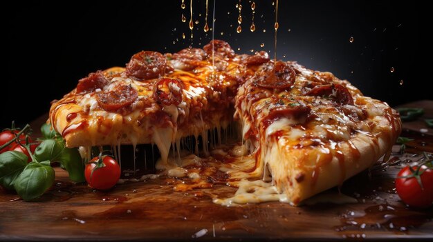 Photo pizza with melted cheese topped with meat and vegetables on the table with a blurred background