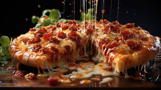 背景をぼかしたテーブルの上に肉と野菜をトッピングした溶けたチーズのピザ