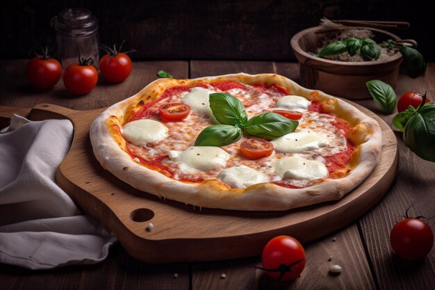 A pizza with mozzarella and basil on a wooden table