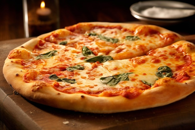 Pizza with mozzarella cheese and basil on a wooden table