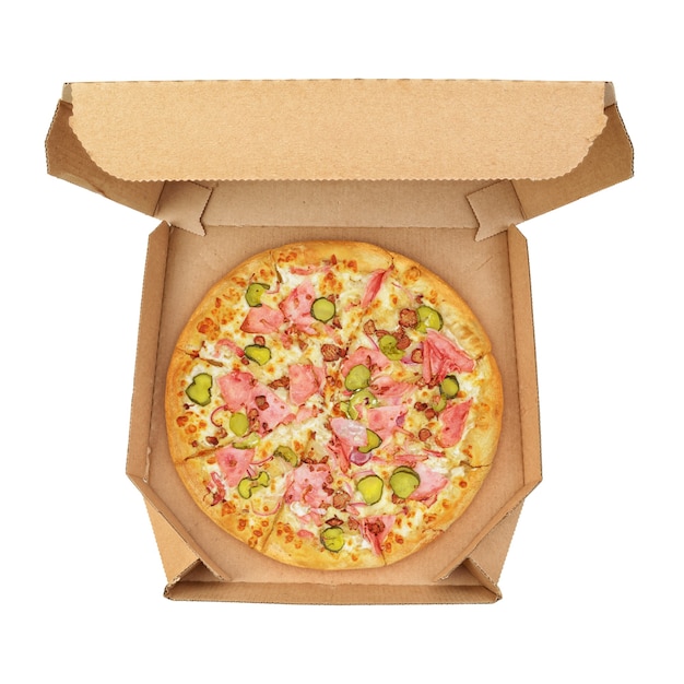 Pizza with mozzarella cheese and ham in box