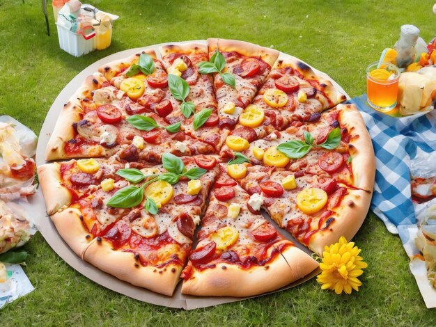 Photo pizza with mozzarella cheese tomatoes and olives on green grass