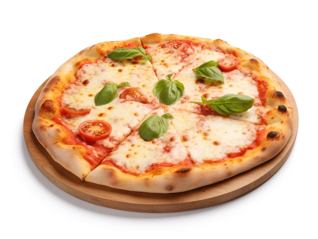 Pizza with mozzarella tomato and basil on white