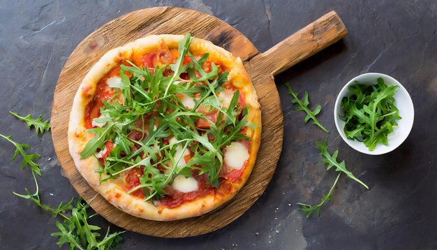 Pizza with mozzarella tomatoes and arugula on wooden board