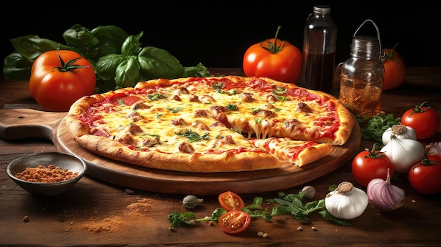 Pizza with mozzarella tomatoes and basil on wooden background Generative ai