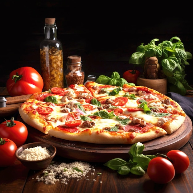 Pizza with mozzarella tomatoes and basil on wooden background table Generative ai