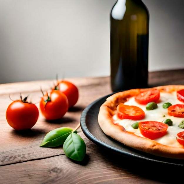 Pizza with mozzarella tomatoes and olive oil on wooden table