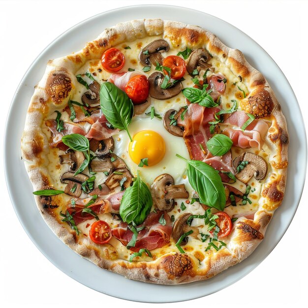 Photo pizza with mushrooms bacon and egg on white plate isolated italian carbonara pizza