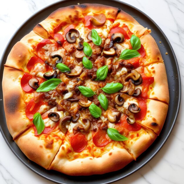 A pizza with mushrooms and basil on it