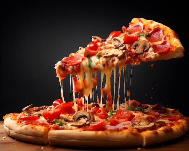 Photo pizza with mushrooms and cheese on a black background italian food