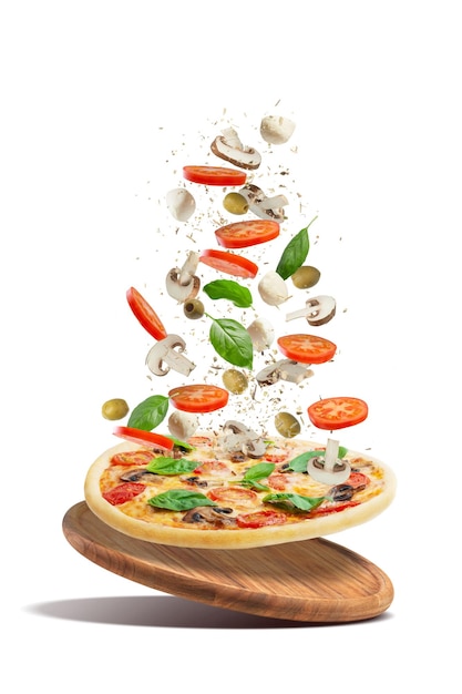 Photo pizza with mushrooms cheese and tomatoes levitating pizza pizza constructor