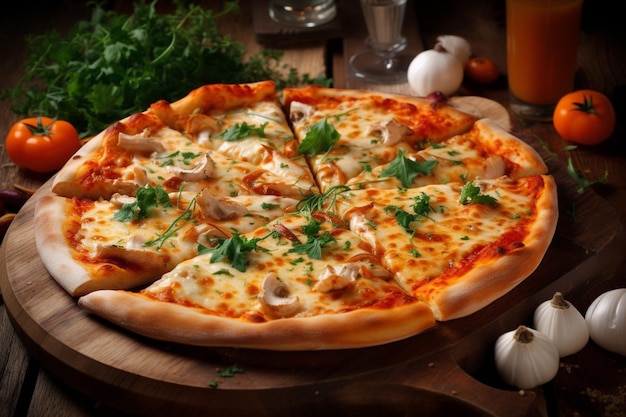 A pizza with mushrooms and cheese on a wooden board