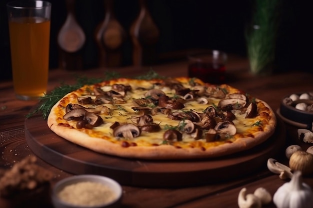 A pizza with mushrooms on it on a wooden table