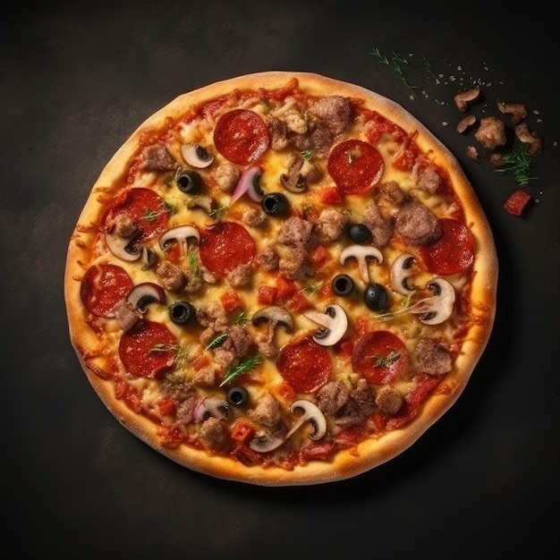 A pizza with mushrooms, mushrooms, mushrooms, and mushrooms on a black table.