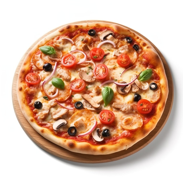 A pizza with mushrooms, mushrooms, and olives on a wooden plate.