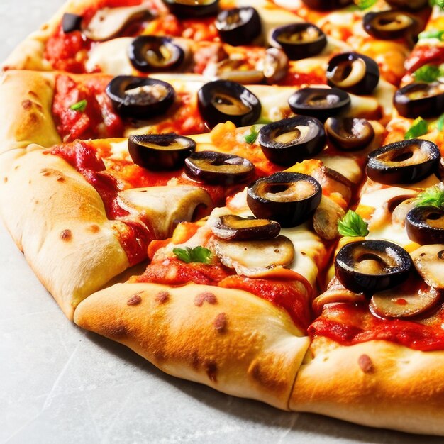 A pizza with mushrooms and olives on it