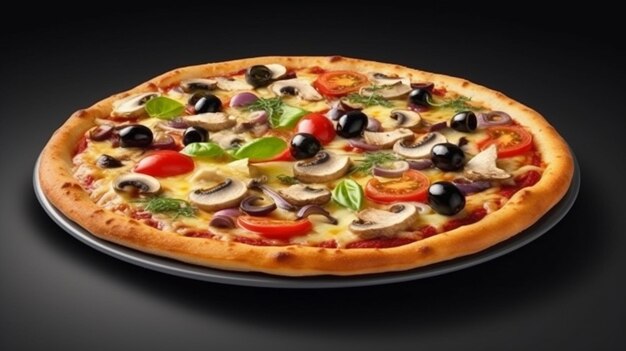 A pizza with mushrooms olives and mushrooms on a plategenerative ai