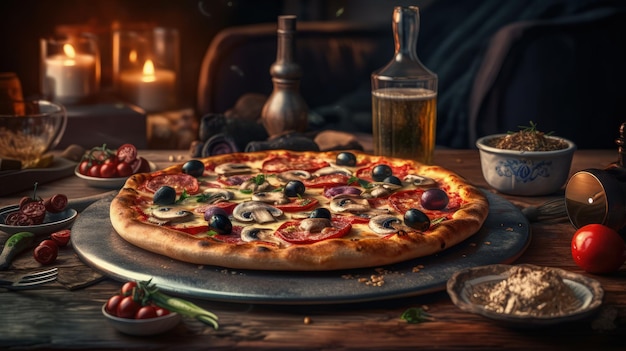 A pizza with mushrooms and olives sits on a table with a bottle of beer in the background