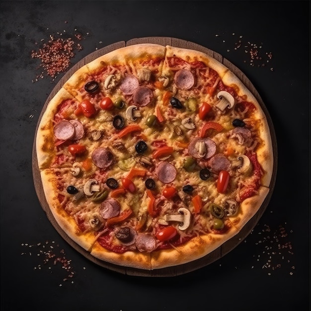 A pizza with mushrooms, peppers, and olives on a wooden platter.