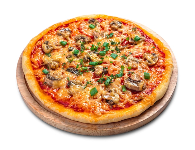 Pizza with mushrooms tomatoes cheese and herbs is isolated on a\
white background side view fast food