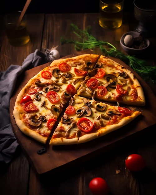 A pizza with mushrooms and tomatoes on a wooden table