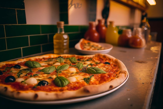 A pizza with olives and basil on it sits on a counter.