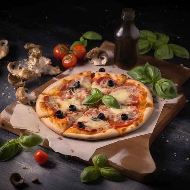 A pizza with olives and basil on a wooden cutting board.