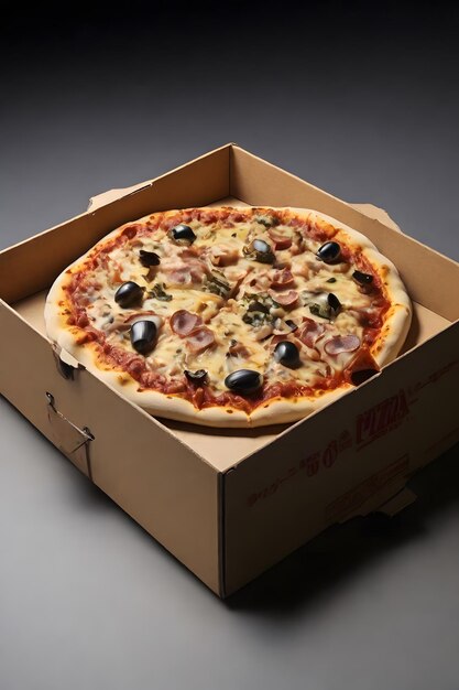 a pizza with olives and cheese and in a box