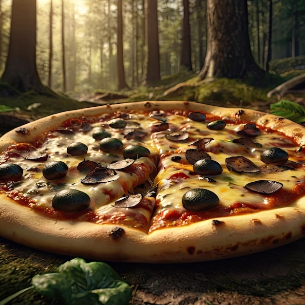 Photo a pizza with olives and cheese on it sits on a log