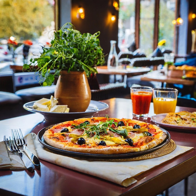 Pizza with olives and mozzarella on a wooden table