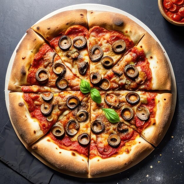 A pizza with olives and mushrooms on it