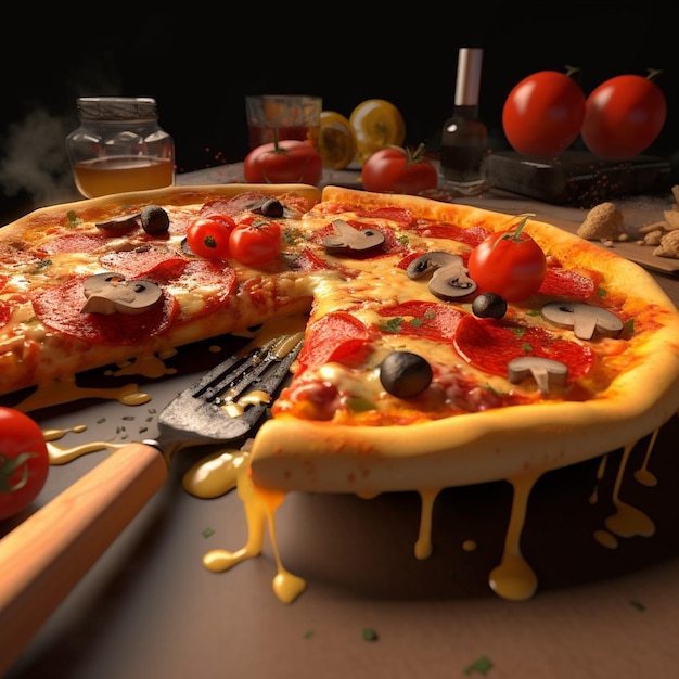 Пицца с оливками и грибами на ней