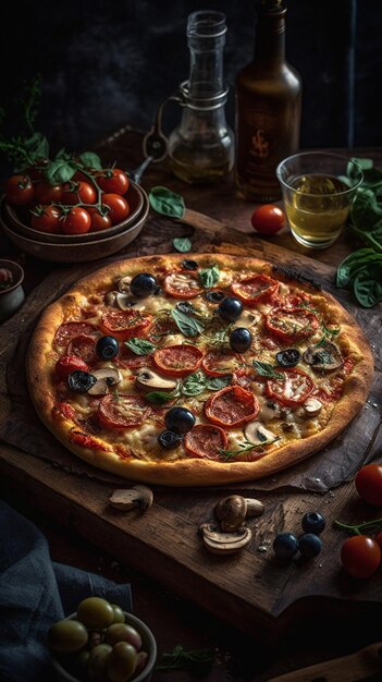 A pizza with olives and mushrooms on a wooden table