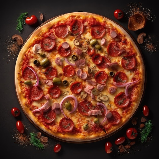 A pizza with olives, olives, and mushrooms on a black background.