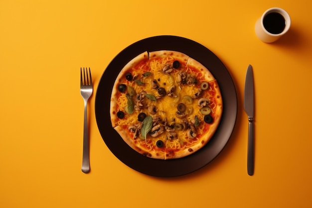 A pizza with olives and olives sits on a plate next to a knife and fork